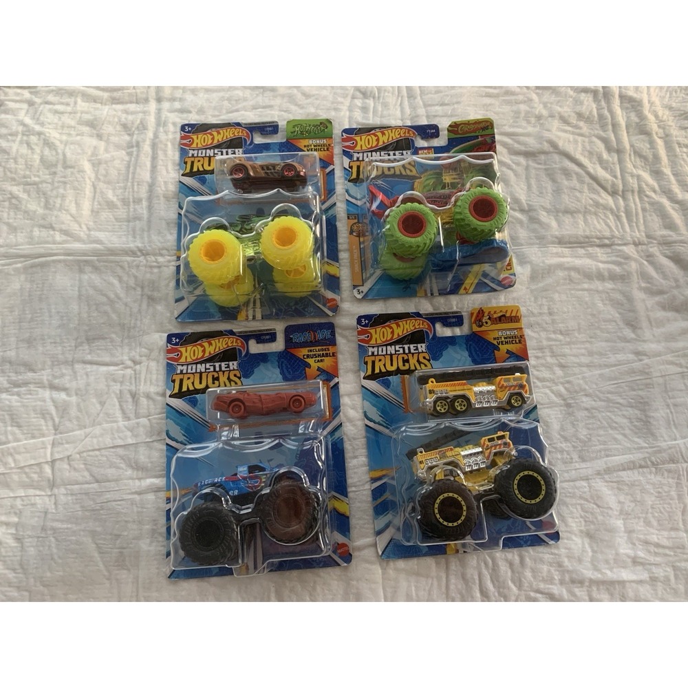 NIP (4) Hot Wheels Monster Trucks - Race Ace 5 Alarm Carbonator Hot Weiler